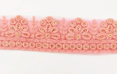 Pink Net Lace Trim With Floral Embroidery And Gold Sequins, Sequinned Trim, Wedding Trim Bridal Trim